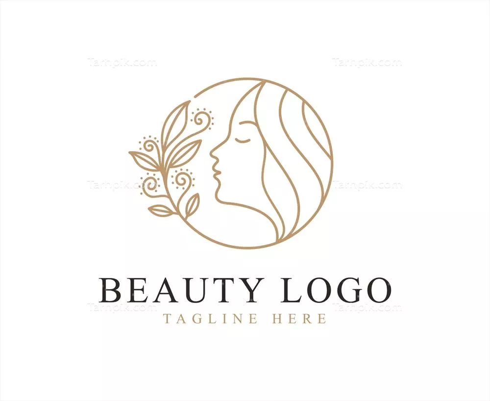 وکتور طراحی لوگو زیبایی با تصویر سر زن درون دایره و برگهای گلدار