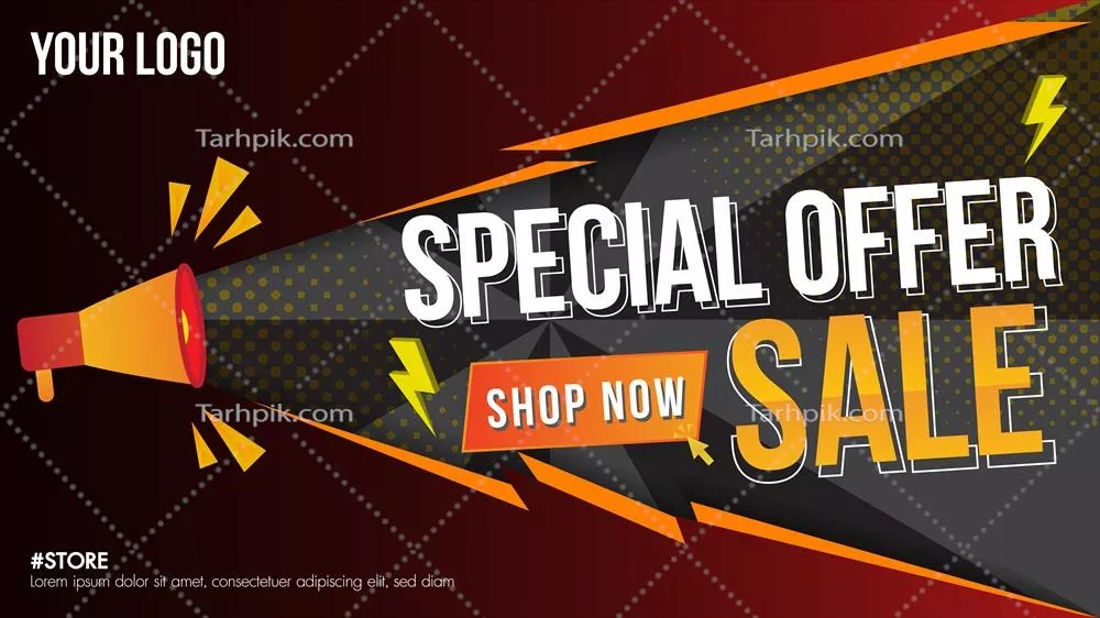 وکتور بنر فروش ویژه بزرگ با بلندگوی حراجی پایان فصل و دکمه خرید اکنون