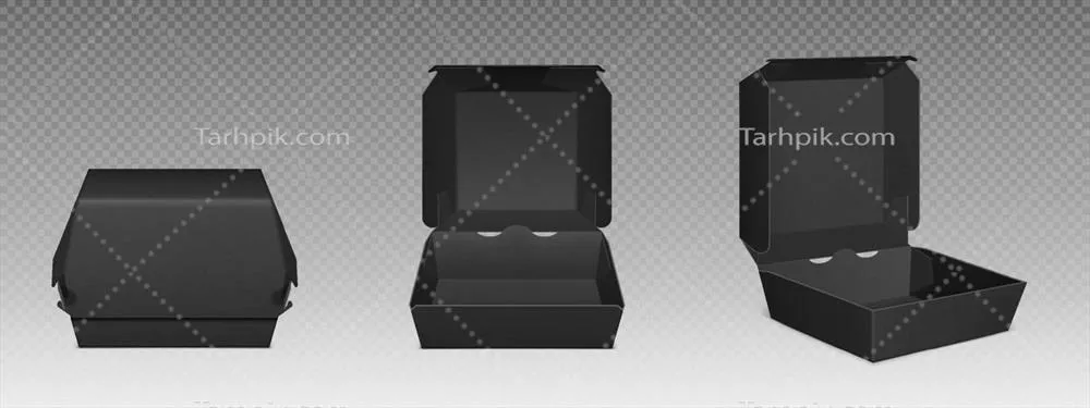 وکتور ماکت جعبه برگر سیاه - بسته بندی غذای آسیایی با جزئیات گرافیکی