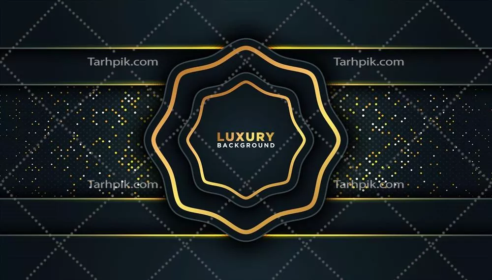 وکتور پسزمینه لوکس سیاه با اشکال هندسی ستارهای طلایی و نقاط طلایی