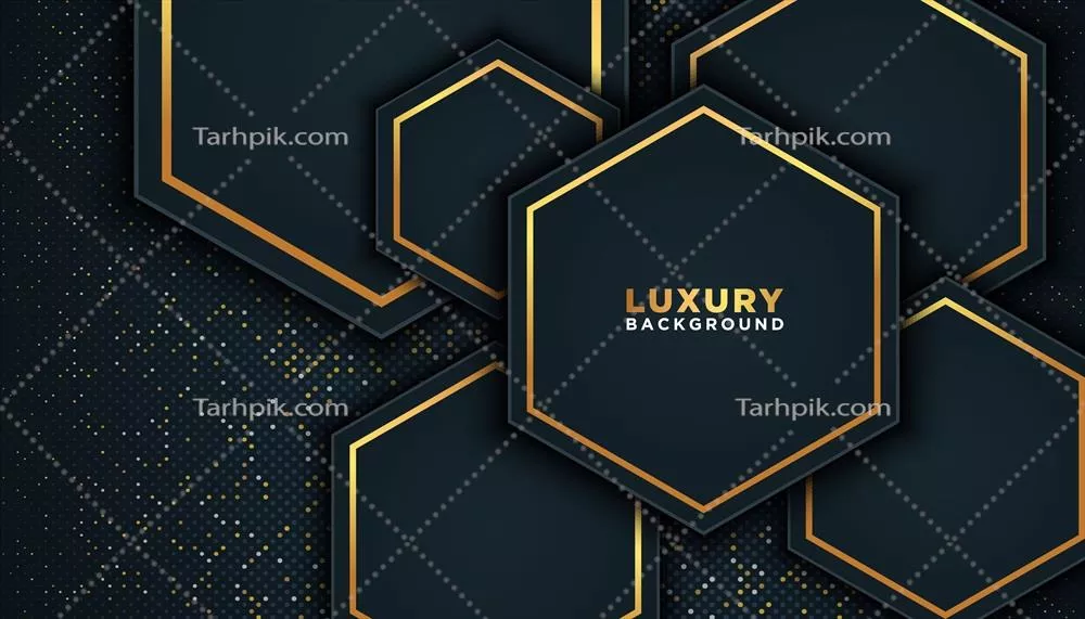 وکتور اشکال شش‌ضلعی سیاه با لبه‌های طلایی بر روی پس‌زمینه نقطه‌ای طلایی سه‌بعدی
