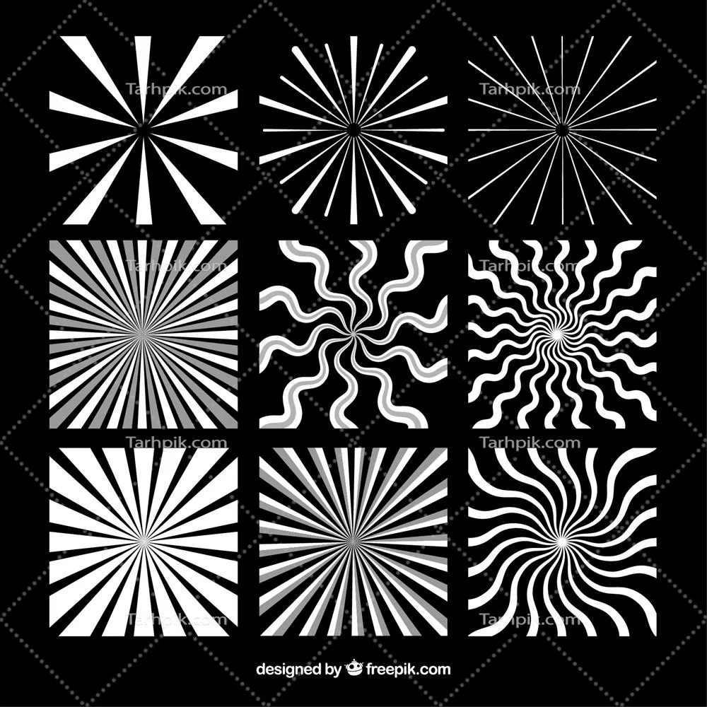 بسته وکتور طراحی خورشیدی سیاه و سفید با الگوهای متنوع