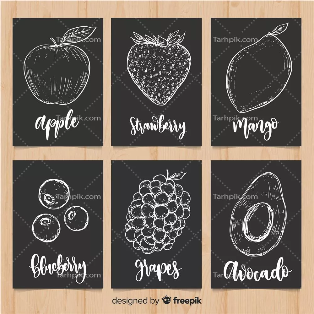ست کارت میوه ها با طراحی تخته سیاه به صورت وکتور