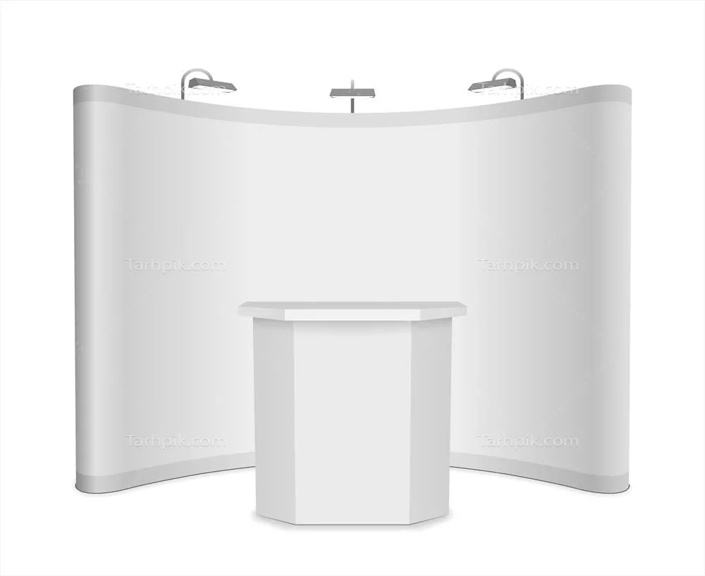 نمایشگاه خالی با استند بنر و میز در پس‌زمینه سفید - وکتور