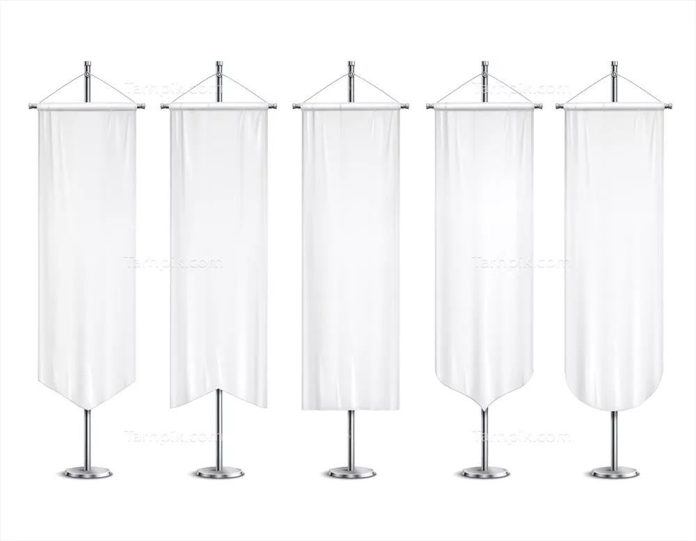 وکتور مجموعه واقعی از پرچمها و بنرهای بلند سفید برای نمایش و تبلیغات