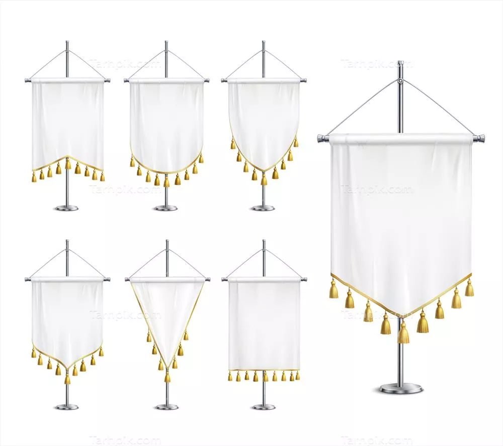 مجموعه وکتوری پرچم‌های سفید خالی با اشکال مختلف و پولک‌های طلایی بر روی پایه استیل