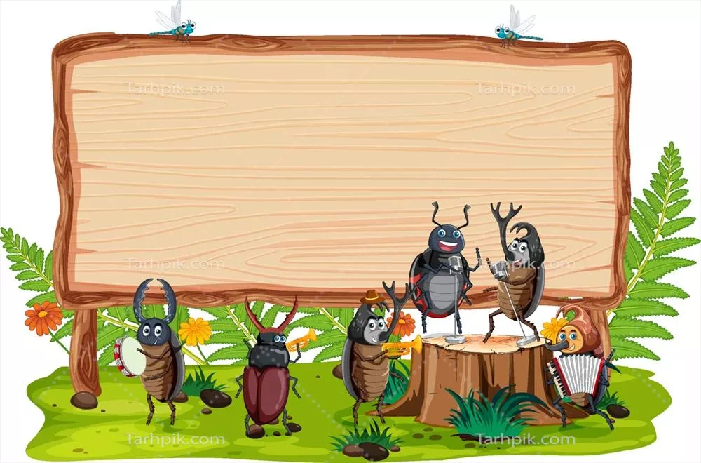 وکتور تابلوی چوبی خالی با طراحی کارتون سوسک برای سرگرمی و تبلیغات