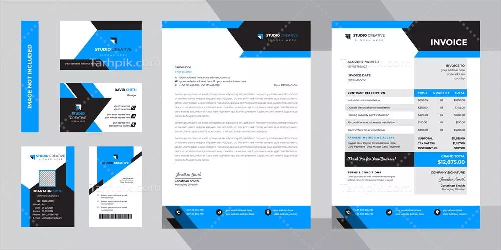 وکتور طراحی الگوی لوازم اداری مدرن و شرکتی به رنگ آبی