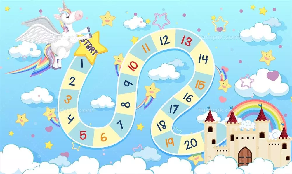 وکتور الگوی تصویر بازی تختهای برای کودکان با طرح یونیکورن در رنگهای پاستلی