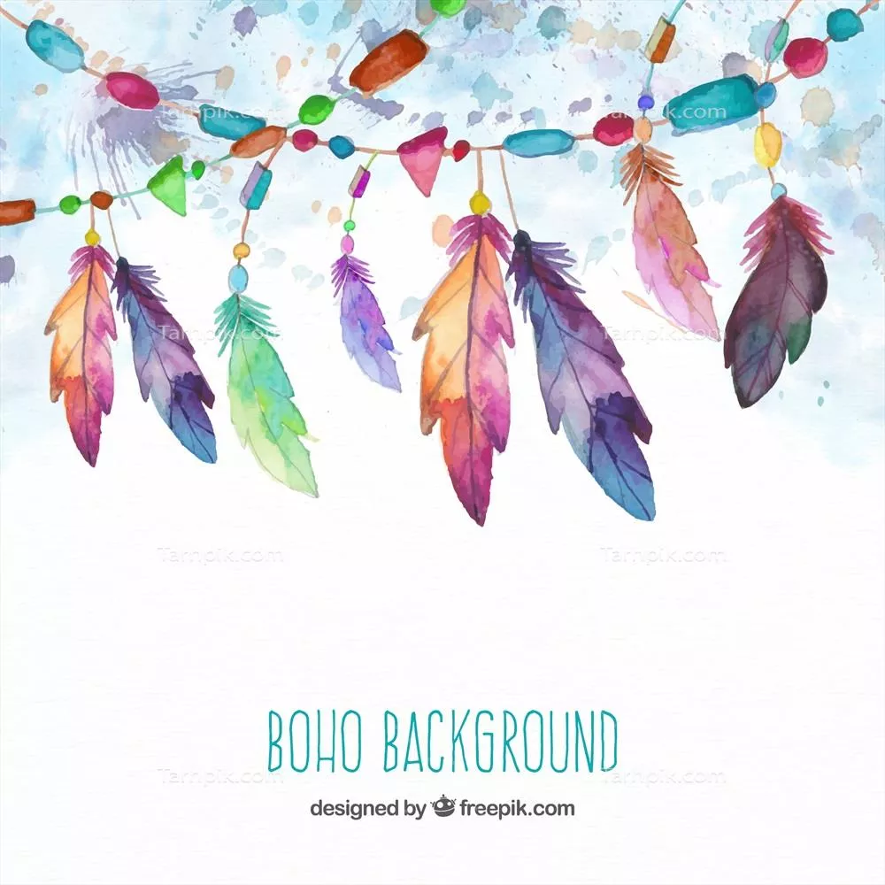 پس‌زمینه بوهو با طرح پرها در سبک آبرنگ و وکتور