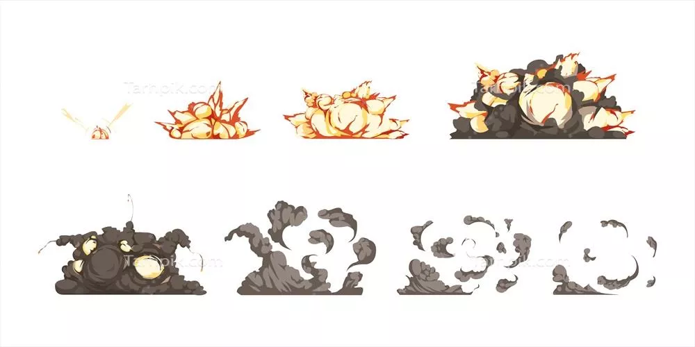 وکتور مجموعه آیکون های انیمیشن فرایند انفجار بمب از شروع تا انفجار و موج های شوک