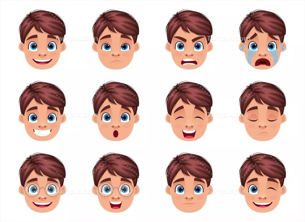 طرح وکتور صورت پسر با حالتهای مختلف بیان در پسزمینه سفید