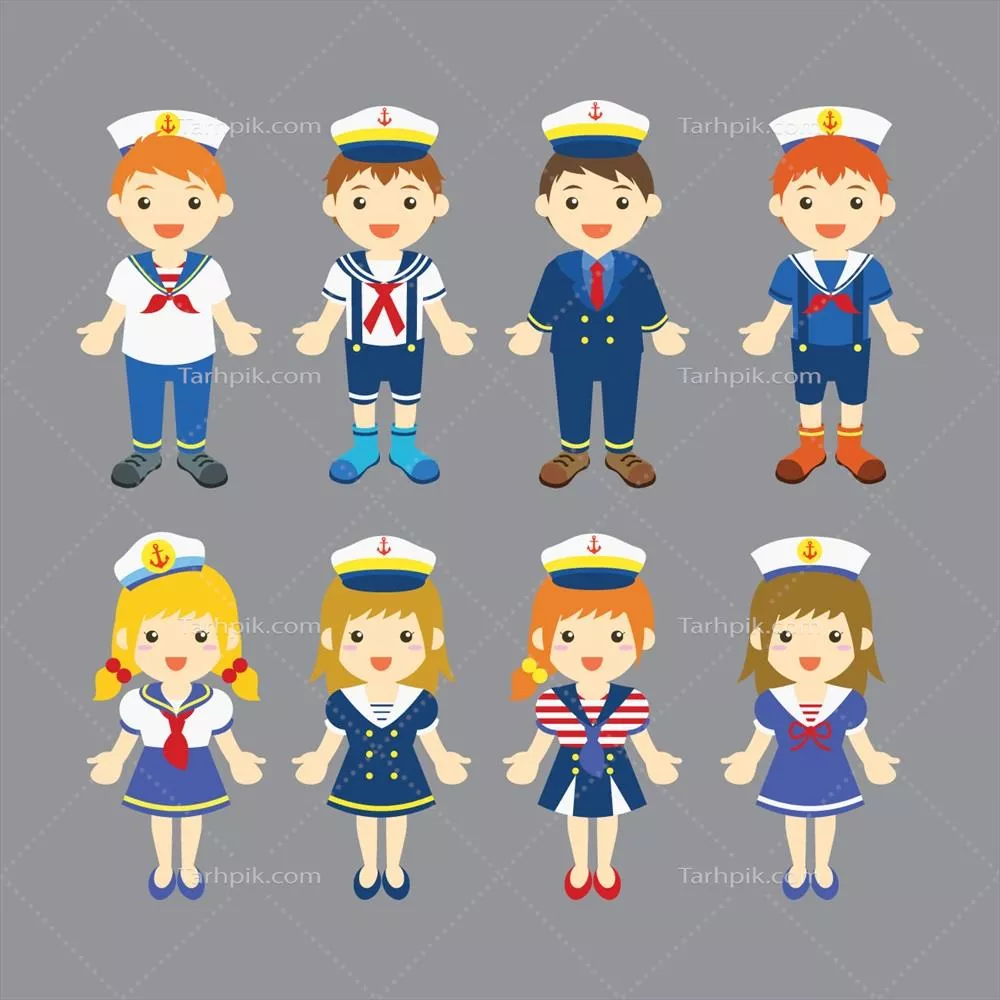 کودکان پسر و دختر در لباسهای دریایی و جذاب: طراحی وکتوری