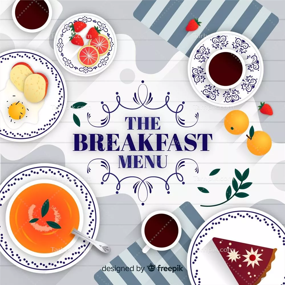 طرح وکتور پسزمینه صبحانه با انواع غذاهای خوشمزه و رنگارنگ