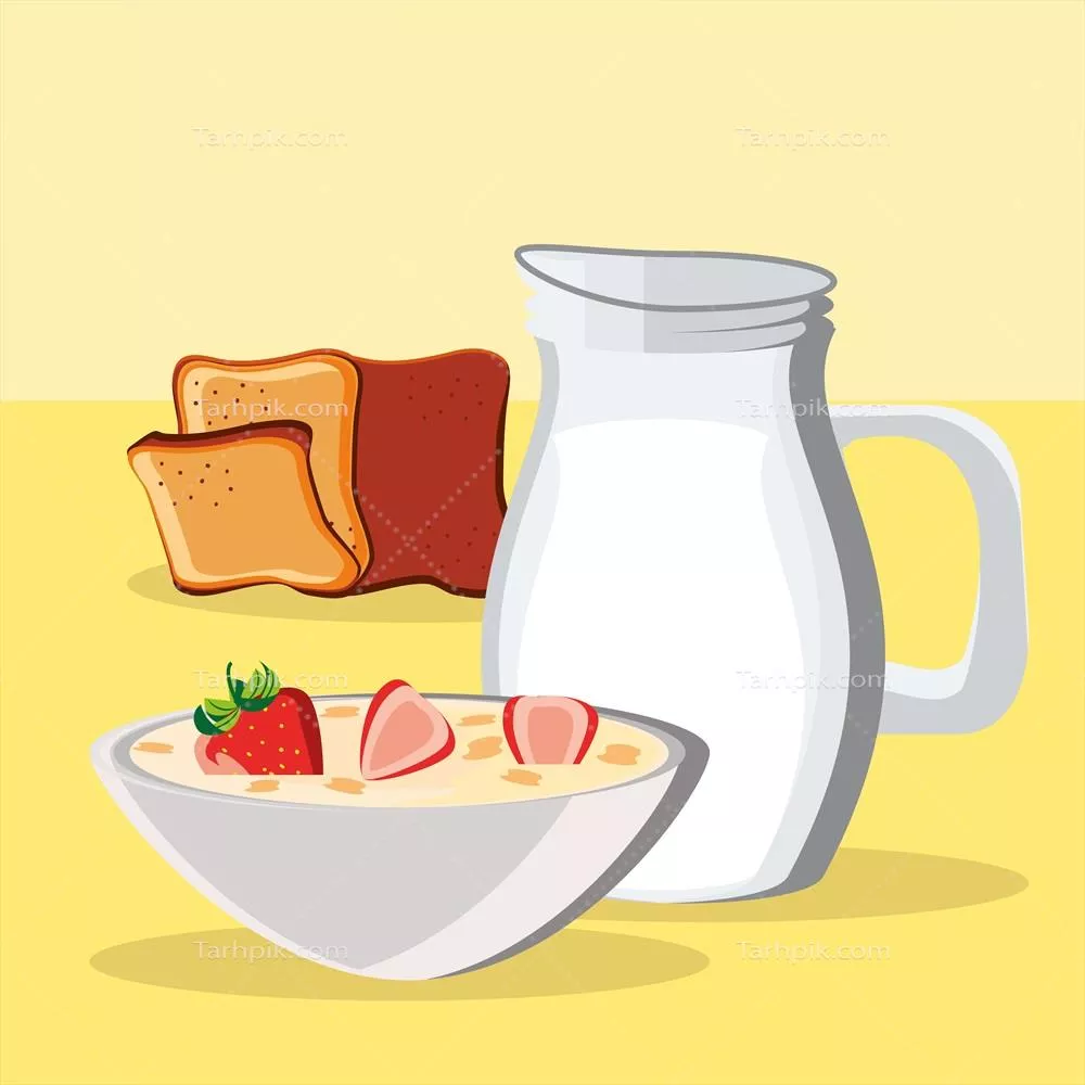 وکتور صبحانهای دلپذیر شامل غلات، شیر و نان تازه