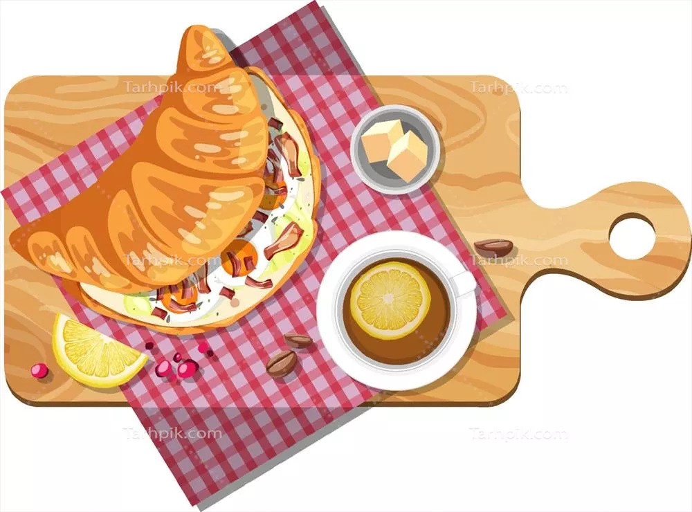 وکتور ساندویچ کروسان صبحانه با یک فنجان چای لیمویی بر روی بشقاب چوبی