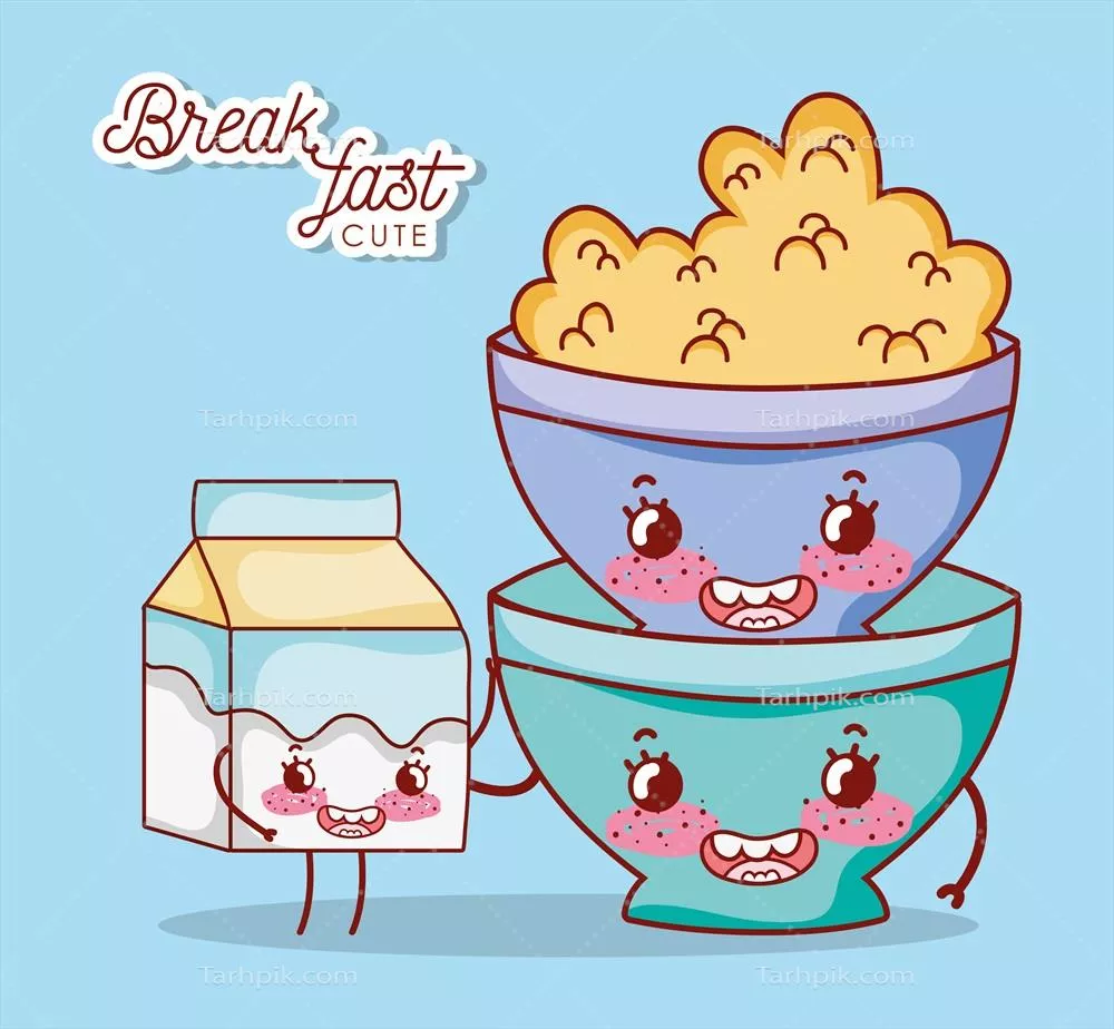 وکتور عکس صبحانه با کاسه زیبا حاوی غلات و جعبه شیر به صورت کارتون