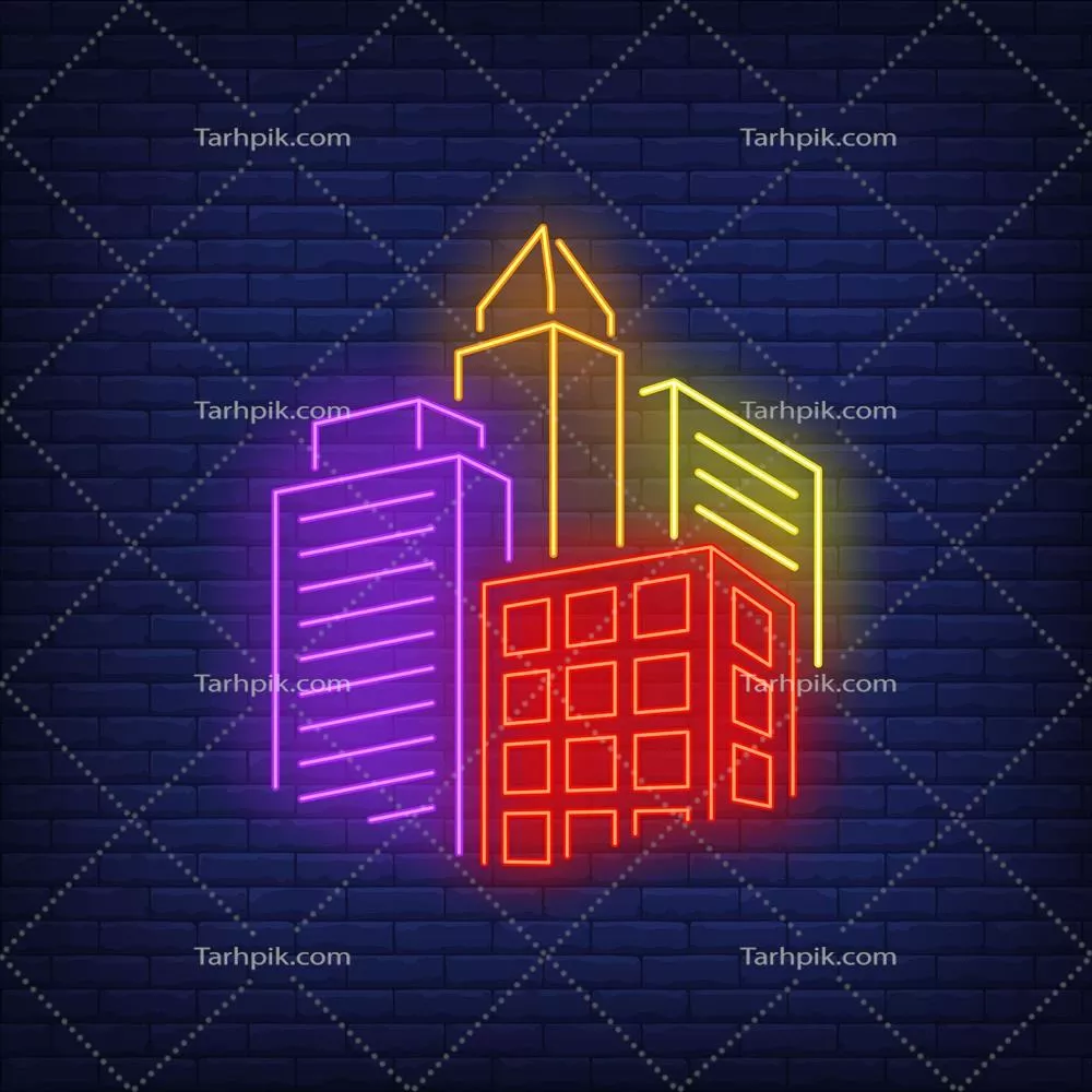 طراحی وکتور ساختمان‌های شهری با نورپردازی نئونی در شب