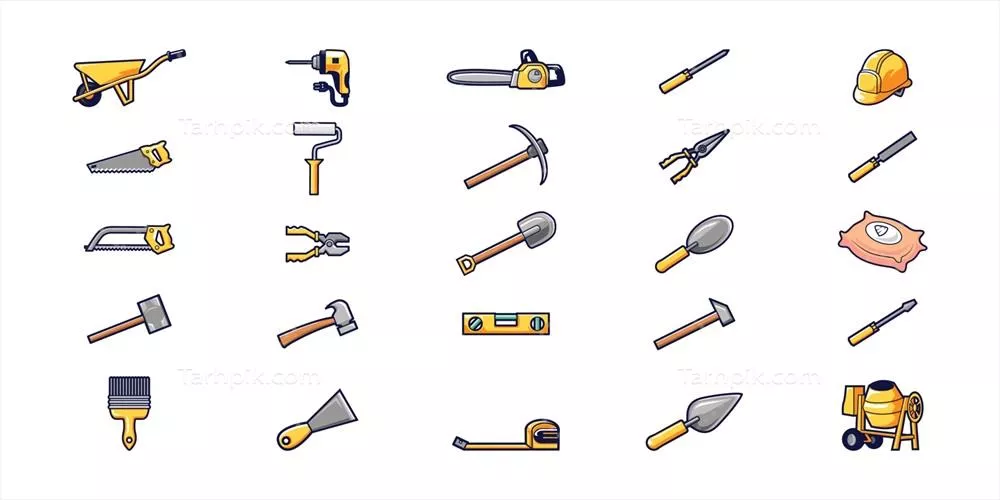 تصویر برداری وکتوری از ابزارهای ساختمانی در یک مجموعه ایزوله و طراحی شده