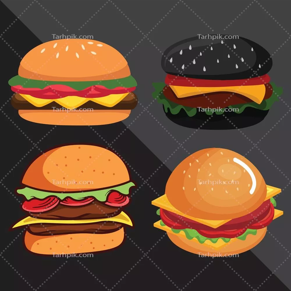 وکتور برگر با پنیر و نان مخصوص، مخلفات سبزیجات و گوشت گوساله