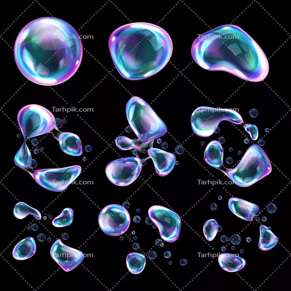 حبابهای رنگین کمان با انکسار نور و انفجار صابون در یک طراحی وکتور زیبا