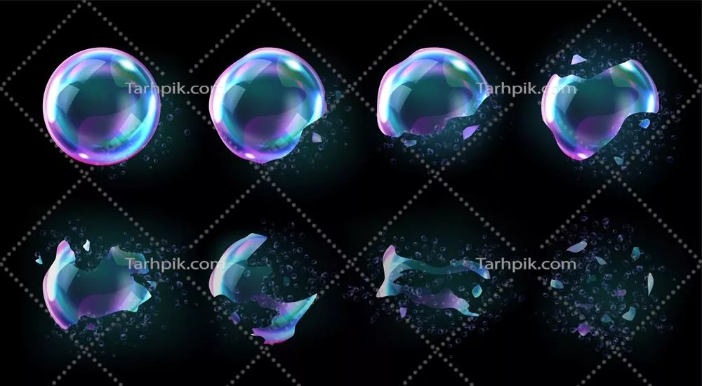 حبابهای رنگین کمانی و درخشان در حال ترکیدن به صورت وکتور