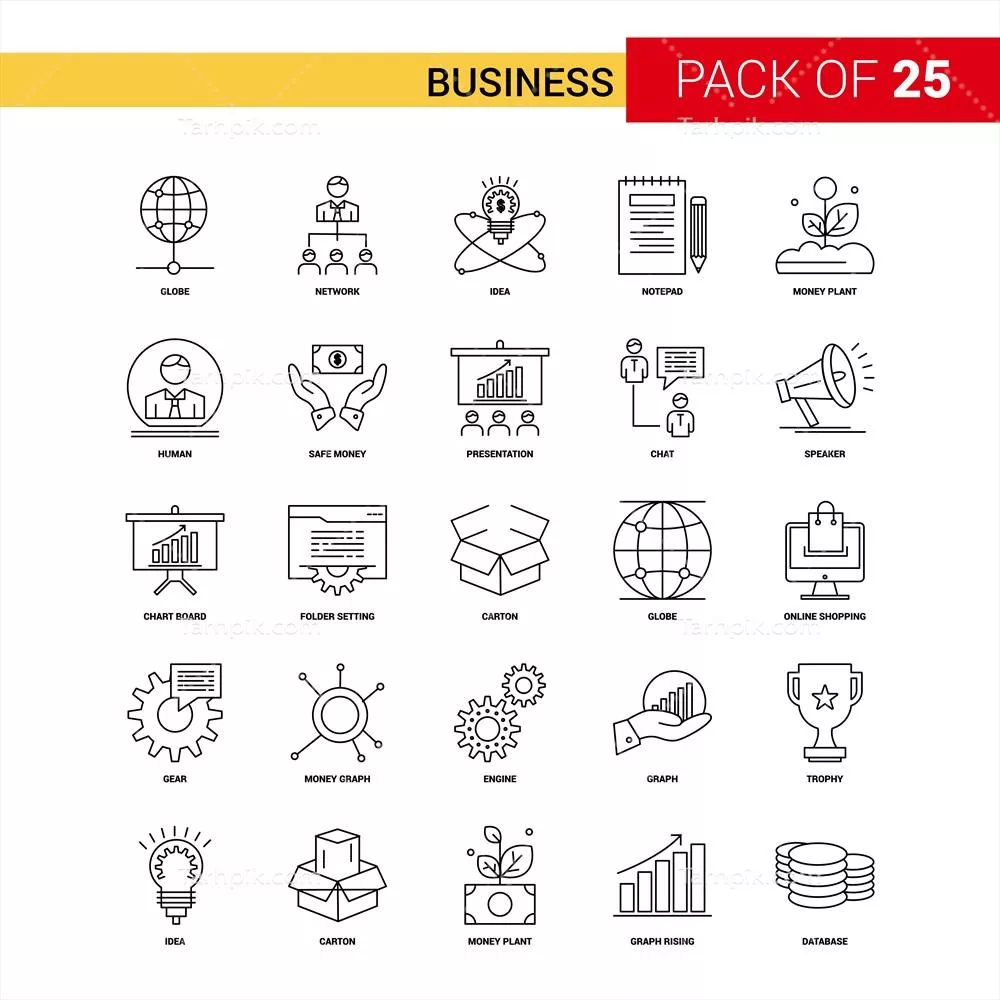 وکتور مجموعه آیکون های خطی سیاه کسب و کار شامل 25 آیکون ظریف و مدرن