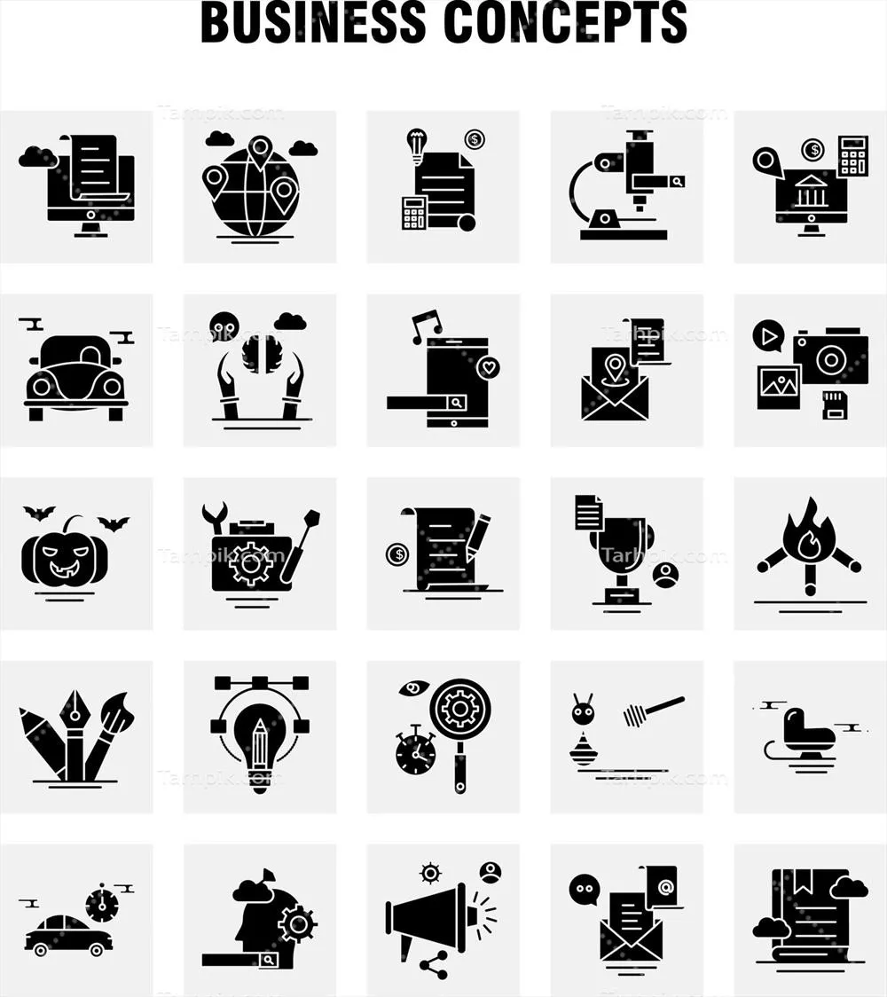 وکتور مجموعه آیکون های گلیف جامد مفاهیم کسب و کار برای اینفوگرافیک ها
