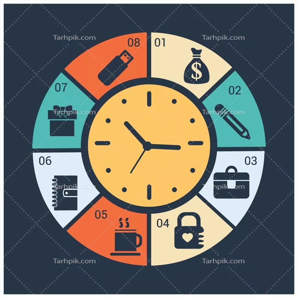 اینفوگرافیک کسب و کار با طراحی وکتور ساعت برای نمایش زمان