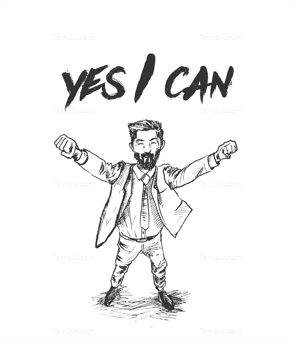 طراحی دستی مرد تجاری با متن 'بله، من می‌توانم' به صورت وکتور