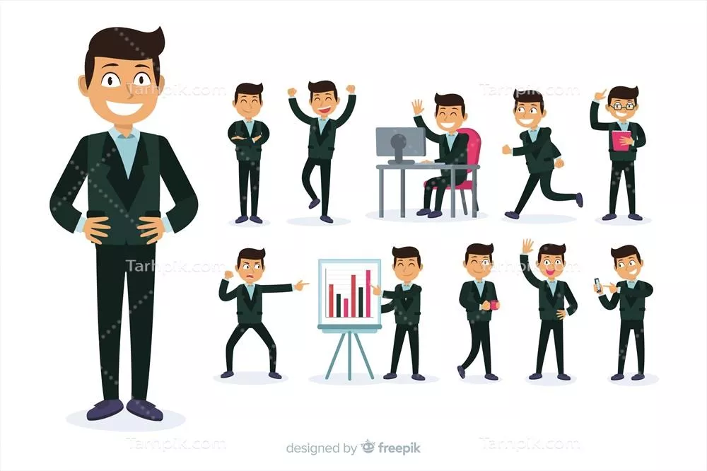 شخصیت تجاری: وکتور از اقدامات مختلف یک تاجر