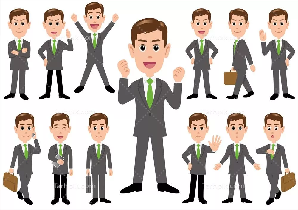 مجموعه وکتور از کارآفرینان در وضعیتهای مختلف روی پسزمینه سفید