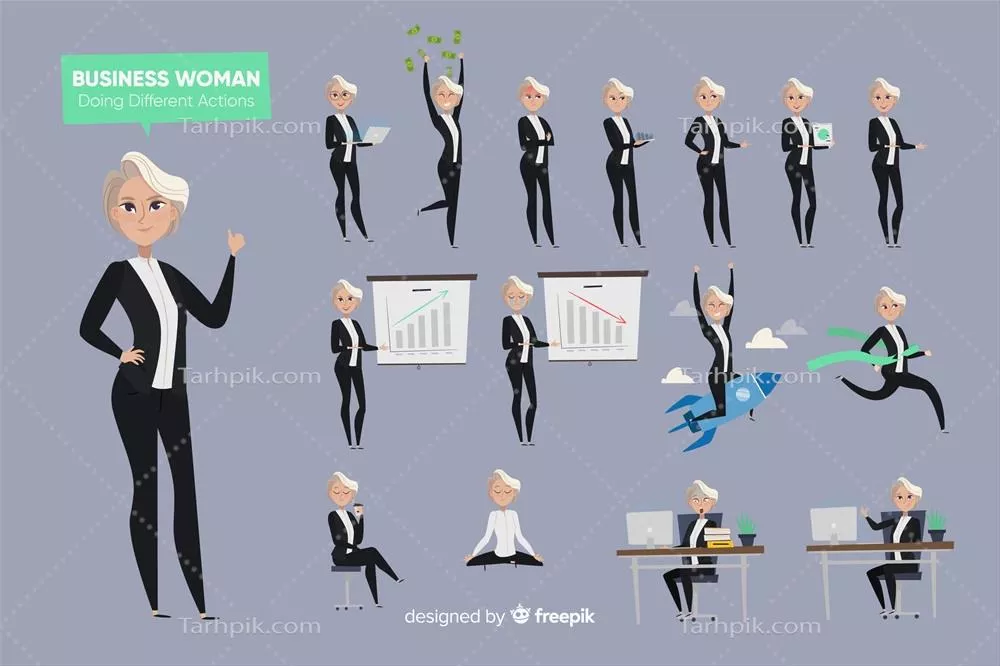 مدل وکتوری از یک زن کارآفرین در حال انجام فعالیتهای مختلف تجاری