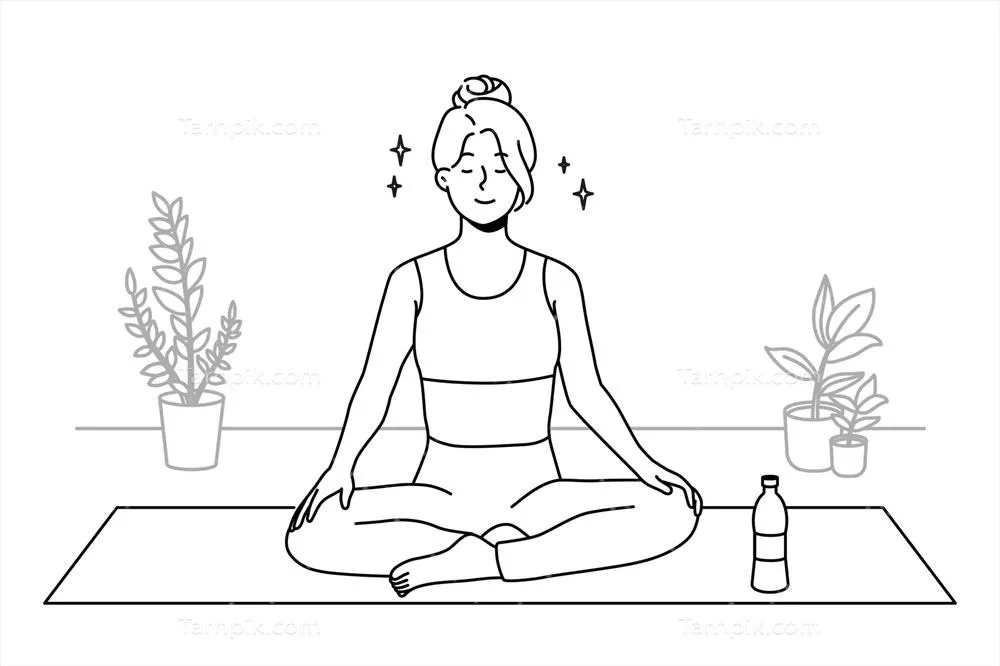 وکتور زنی جوان و آرام در لباست ورزشی که بر روی تشک نشسته و تمرین میکند