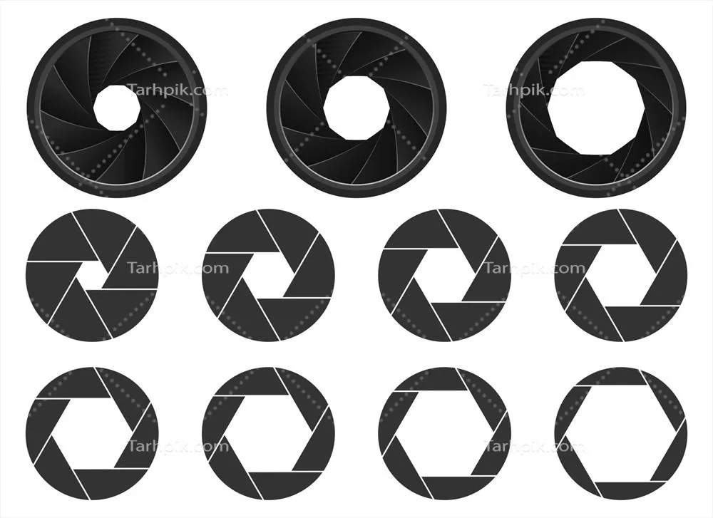 مجموعه طراحی وکتور دیافراگم دوربین با پسزمینه سفید و ایزوله شده