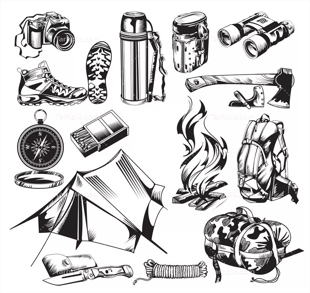 محصولات و عناصر اردوگاهی: مجموعه الگوهای وکتور جالب و کارآمد