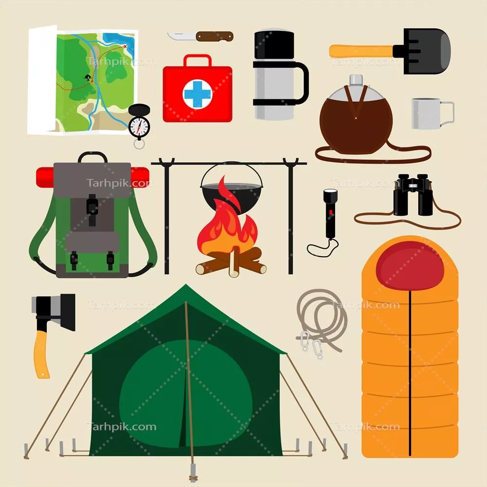 وکتور آیکونهای تجهیزات کمپینگ و امکانات گردشگری برای تفریح و بقا