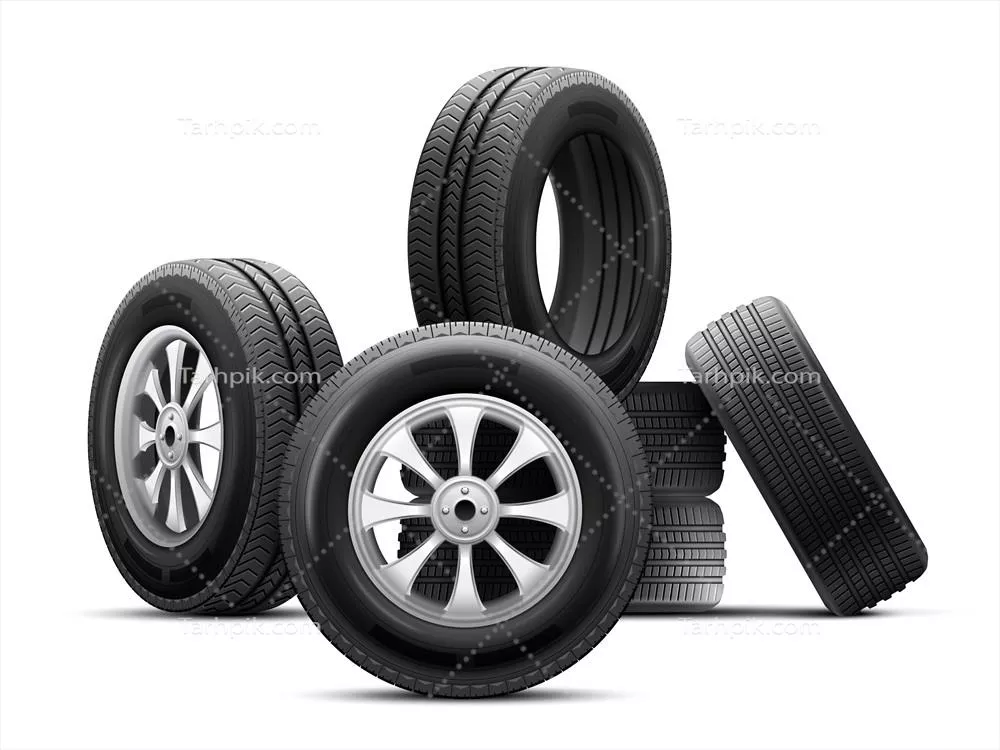 وکتور تجمع رینگها و لاستیکهای خودرو به صورت کاملاً واقعی با پسزمینه سفید