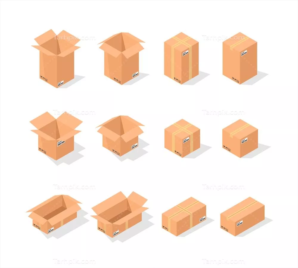 وکتور مجموعه جعبه‌های مقوایی ۳ بعدی با طراحی واقع‌گرایانه و کاربردی