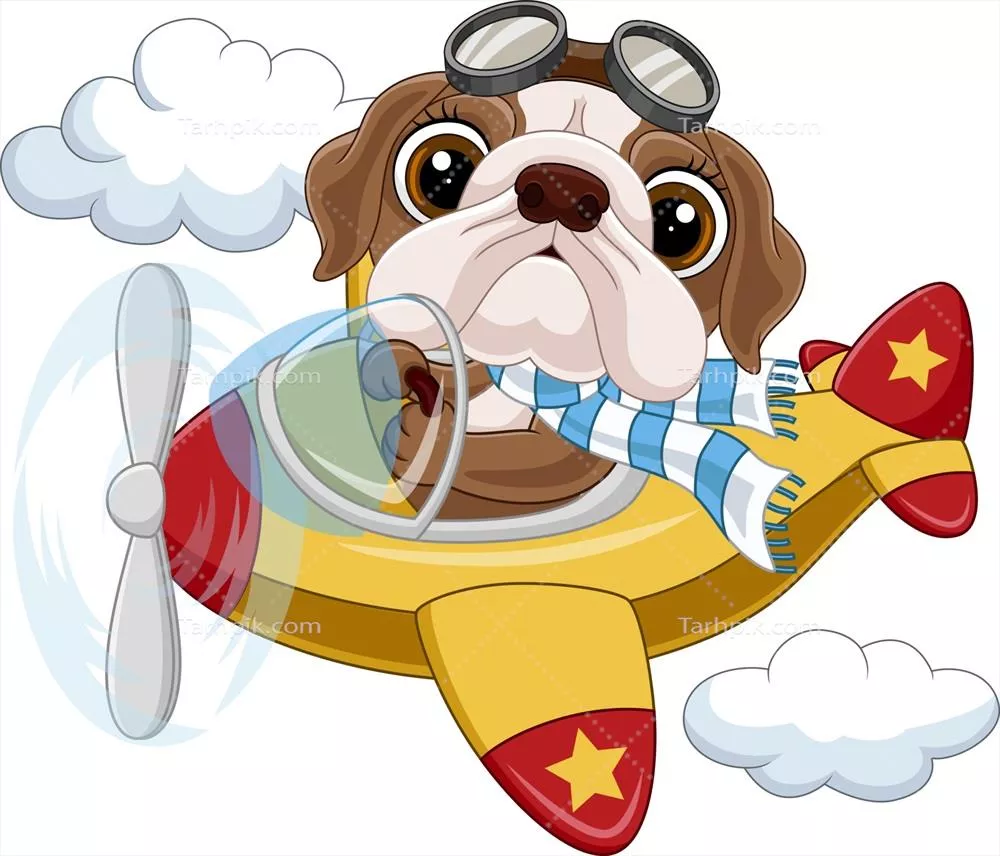 وکتور کاریکاتور یک توله بولداگ که در حال پرواز با هواپیما است