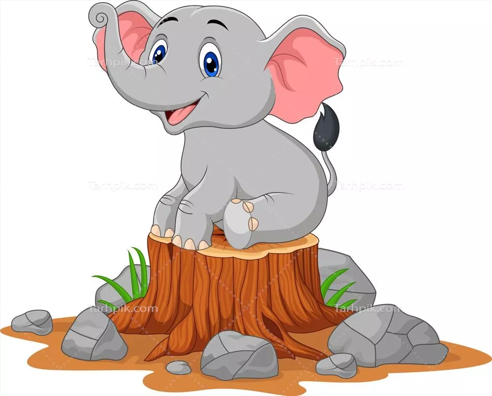 وکتور کارتون نوزاد فیل که بر روی تنه درخت نشسته است - تصویر زیبا و دوستداشتنی