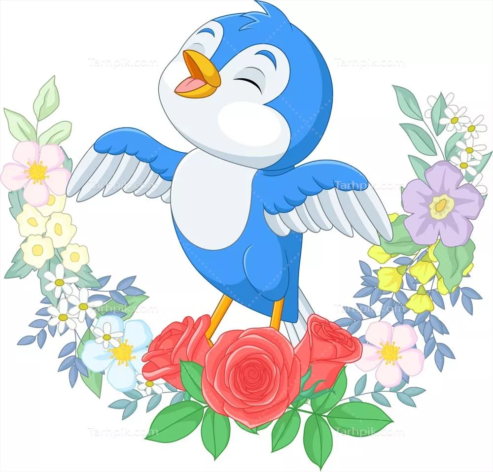 وکتور پرنده آبی کارتونی در حال آواز خوانی بر روی شاخه درخت