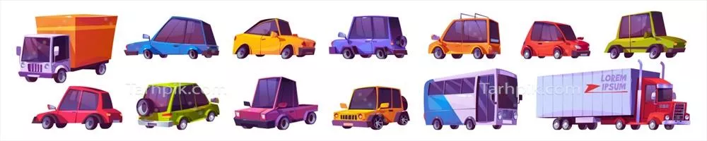 وکتور مجموعه کارتون خودروهای مدرن شامل اتوبوس و کامیون