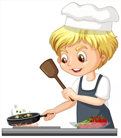 شخصیت کارتونی: پسر آشپز در حال طبخ غذا با طراحی وکتور