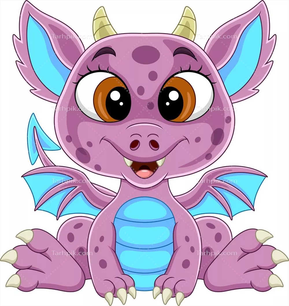 وکتور کاریکاتور خندهدار از یک اژدهای بچه صورتی نشسته در حال بازی