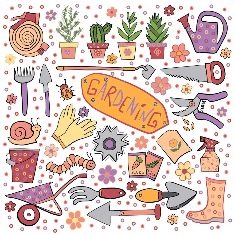 وکتور طرح کارتونی الگوی باغبانی با نمادها و آیکون های ابزار باغداری