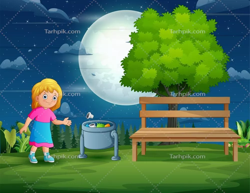 وکتور دختر کارتونیک که زبالههای پلاستیکی را به سطل زباله میاندازد