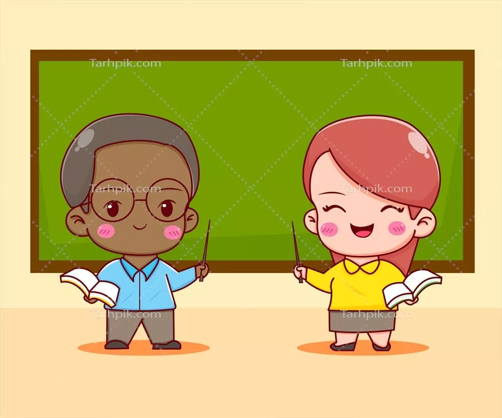 وکتور کاریکاتور از معلمی که در مقابل کلاس ایستاده است و دانش آموزان را آموزش میدهد