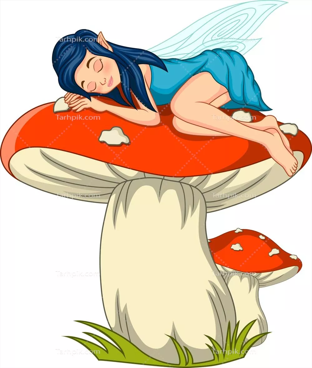 وکتور کارتون پری کوچک در حال خوابیدن بر روی قارچ سحرآمیز