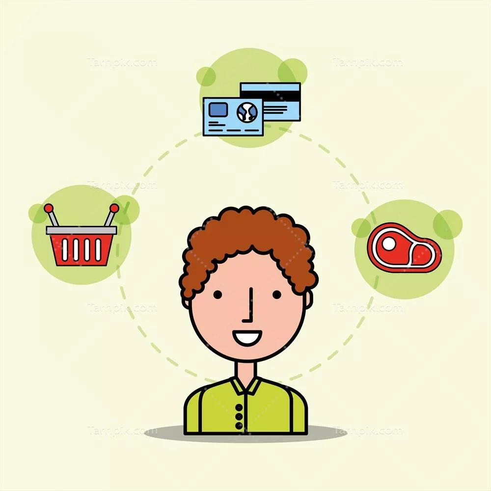 کاریکاتور مرد مشتری با سبد خرید، گوشت و کارتهای بانکی به سبک وکتور